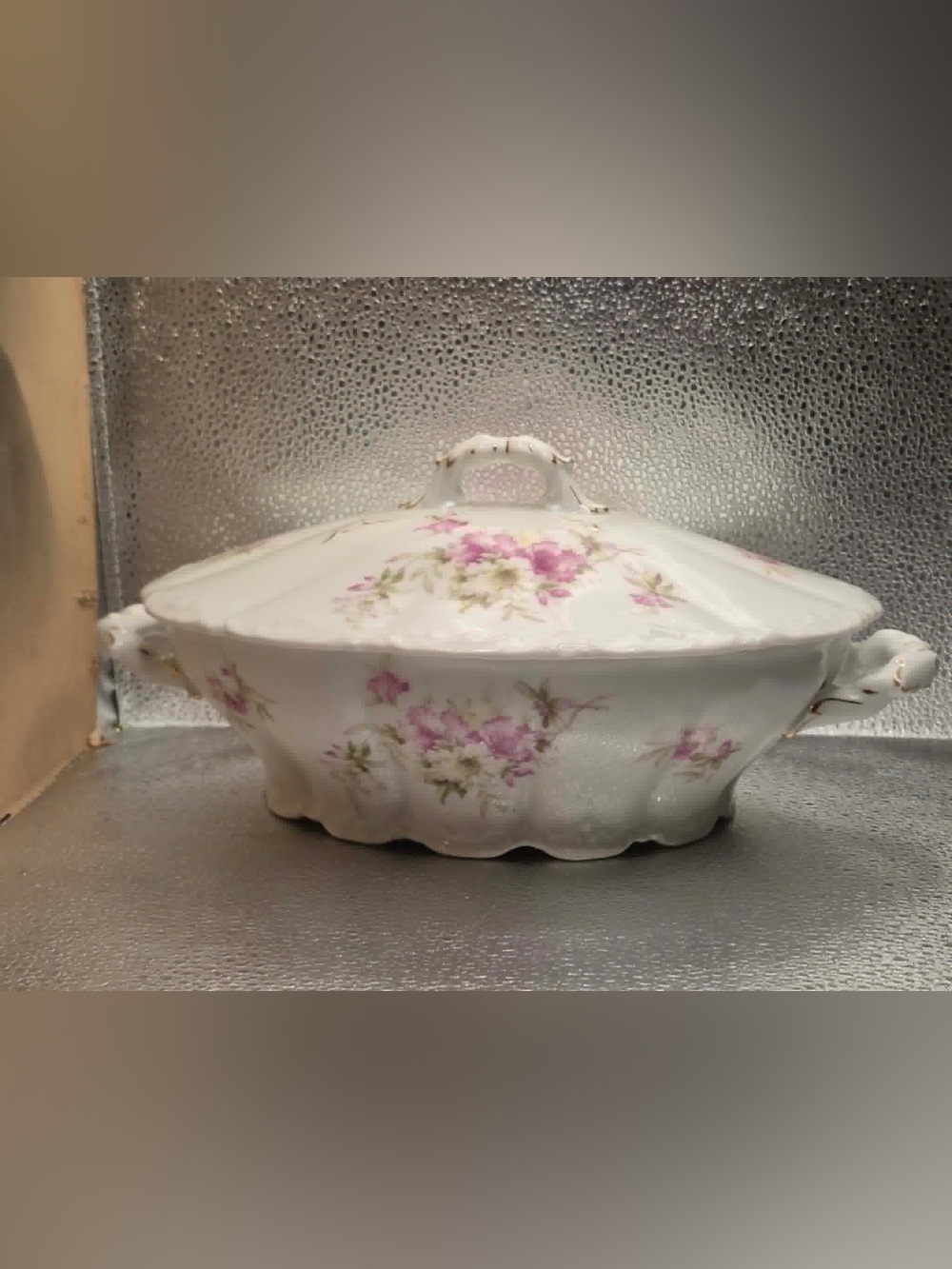 Weimar Germany Antique Porcelain Victorian Oval Serving Dish with Lid Pink Roses